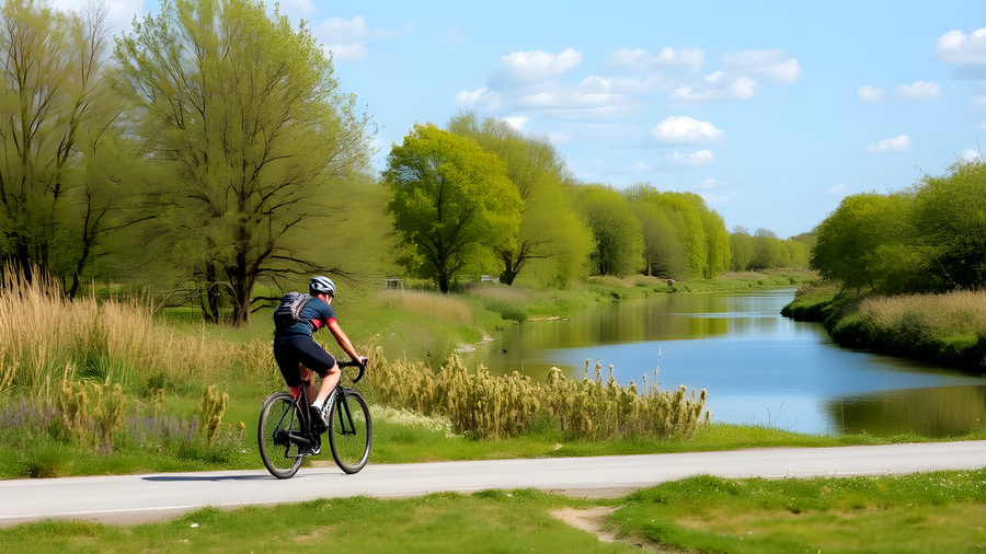 A man cycling in Norfolk along a river path