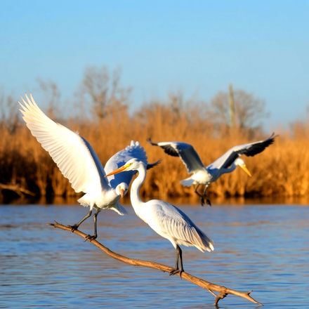 Herons sitting on a branch in The River Yare on the Norfolk Broads