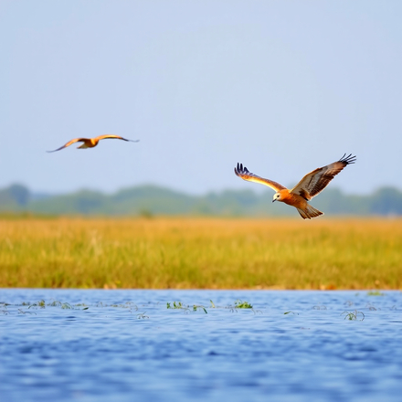 Marsh Harrier flying over the river on the Norfolk Broads