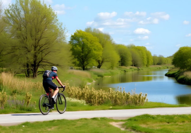 A man cycling in Norfolk along a river path